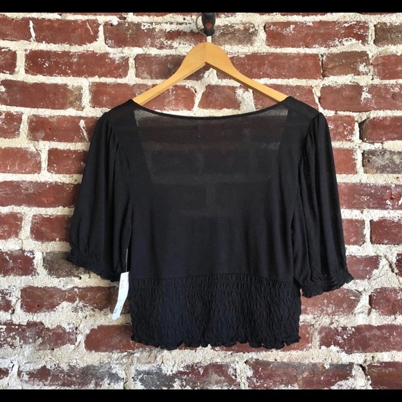 Urban Outfitters Puff Sleeve Ruched Square Neck Sheer Black Stretchy Crop Top - Picture 2 of 5